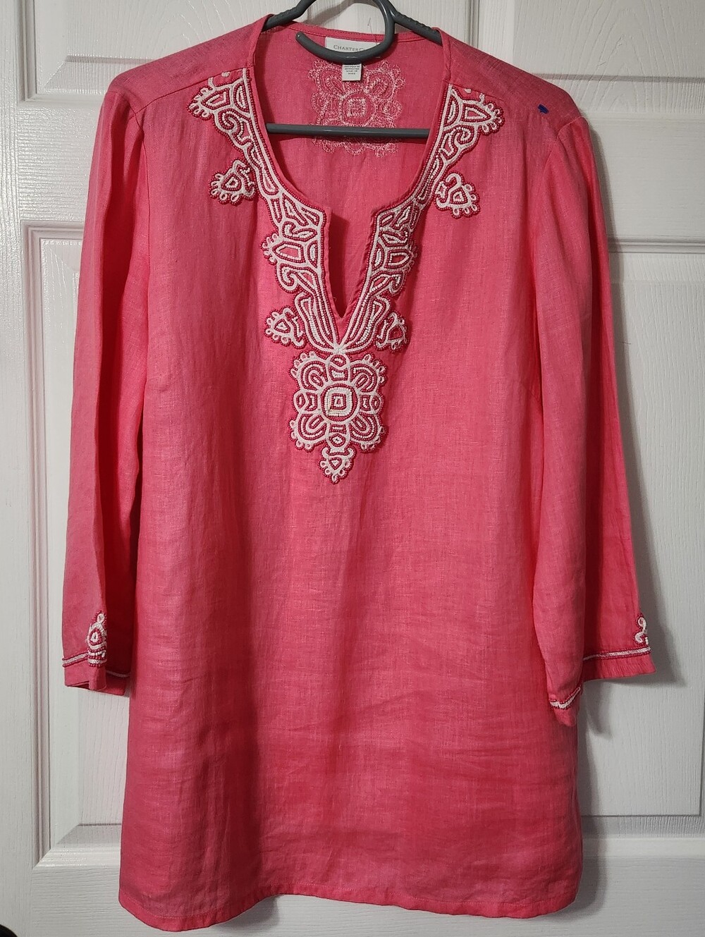 Charter Club Pink Tunic with White Embroidery And Pink Beading, Size L, Linen
